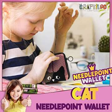 Pre Printed Needlepoint Wallet Kit for Kids Embroidery Arts and Crafts Set Cross Stitch Sewing Kit (Cat)