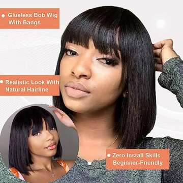 Black Bob Wig Short Bob Wig with Bangs Glueless Bob Wigs for Black Women Synthetic hair Replacement ...