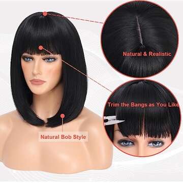 Black Bob Wig Short Bob Wig with Bangs Glueless Bob Wigs for Black Women Synthetic hair Replacement Wigs 14 Inch Daily Costume Cosplay Halloween Wig for Black Women
