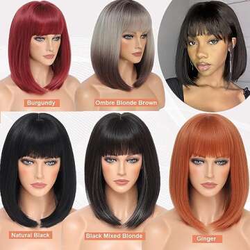 Black Bob Wig Short Bob Wig with Bangs Glueless Bob Wigs for Black Women Synthetic hair Replacement Wigs 14 Inch Daily Costume Cosplay Halloween Wig for Black Women