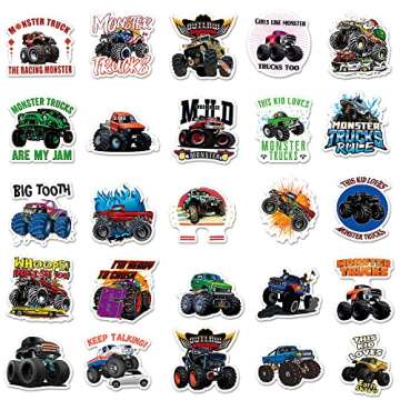 DULEFUN 50PCS Monster Truck Stickers, Truck Car Stickers for kids, Car Stickers Waterproof for Water Bottles Skateboard Car Bike Phone Case Laptop Suitcase, Monster Truck Gifts for Girls Boys Party