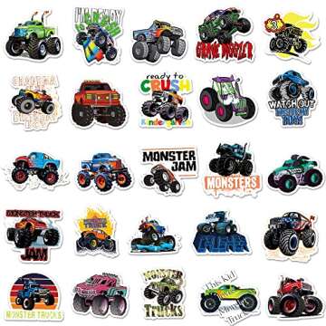 DULEFUN 50PCS Monster Truck Stickers, Truck Car Stickers for kids, Car Stickers Waterproof for Water Bottles Skateboard Car Bike Phone Case Laptop Suitcase, Monster Truck Gifts for Girls Boys Party
