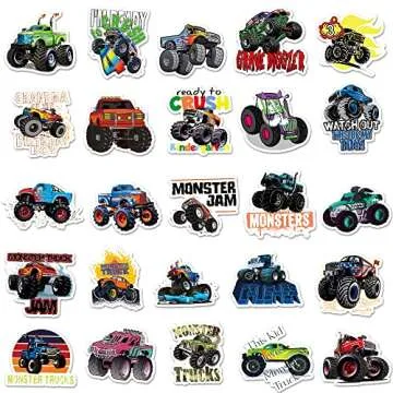 DULEFUN 50PCS Monster Truck Stickers, Truck Car Stickers for kids, Car Stickers Waterproof for Water Bottles Skateboard Car Bike Phone Case Laptop Suitcase, Monster Truck Gifts for Girls Boys Party