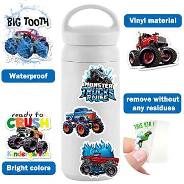 DULEFUN 50PCS Monster Truck Stickers, Truck Car Stickers for kids, Car Stickers Waterproof for Water Bottles Skateboard Car Bike Phone Case Laptop Suitcase, Monster Truck Gifts for Girls Boys Party