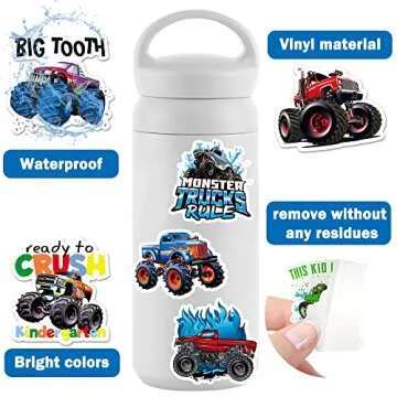 DULEFUN 50PCS Monster Truck Stickers, Truck Car Stickers for kids, Car Stickers Waterproof for Water Bottles Skateboard Car Bike Phone Case Laptop Suitcase, Monster Truck Gifts for Girls Boys Party