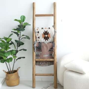 FUIN 57in Wood Blanket Ladder Living Room Decorative Wall Leaning Farmhouse Quilt Display Holder Rus...