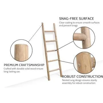 FUIN 57in Wood Blanket Ladder Living Room Decorative Wall Leaning Farmhouse Quilt Display Holder Rustic Wooden Towel Rack for Bathroom, Brown