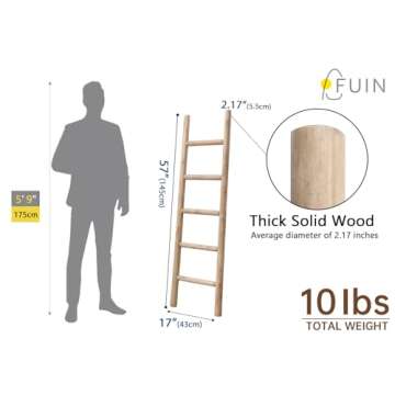 FUIN 57in Wood Blanket Ladder Living Room Decorative Wall Leaning Farmhouse Quilt Display Holder Rustic Wooden Towel Rack for Bathroom, Brown