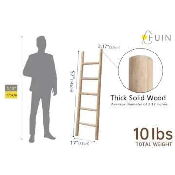 FUIN 57in Wood Blanket Ladder Living Room Decorative Wall Leaning Farmhouse Quilt Display Holder Rustic Wooden Towel Rack for Bathroom, Brown