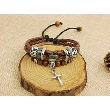 Suyi Multilayer Adjustable Leather Woven Braided Bangle Cross Bracelet Leaf Wrist Cuff Wristband Ccoffee