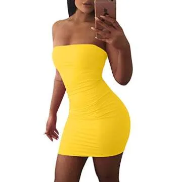 Mokoru Women's Casual Basic Bodycon Tube Top Sexy Strapless Club Party Mini Dress, Small, Yellow