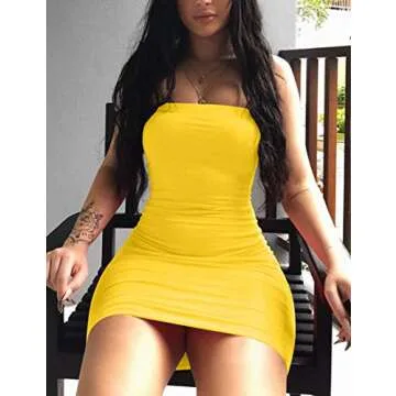 Mokoru Women's Casual Basic Bodycon Tube Top Sexy Strapless Club Party Mini Dress, Small, Yellow