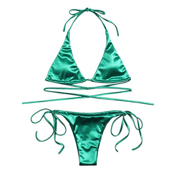 Stylish SOLY HUX Metallic Halter Top Bikini Green for Women
