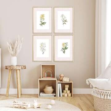 Floral Wall Art Decor Nursery Flower Canvas Wall Art Prints Wildflower Nursery Wall Art Decor Girls Floral Poster Pictures Vintage Botanical Prints for Nursery Bedroom 12x16 Inch Unframed Set of 4