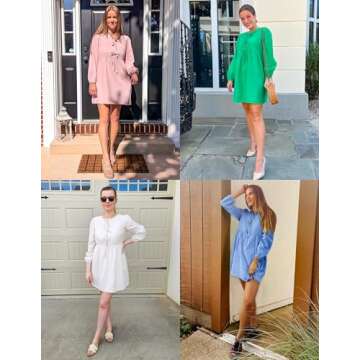 ZESICA Women's Dress Fall Long Puff Sleeve Self Tie Front Babydoll A Line Pleated Cute Mini Tunic Dresses 2025,Red,Large