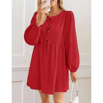 ZESICA Women's Dress Fall Long Puff Sleeve Self Tie Front Babydoll A Line Pleated Cute Mini Tunic Dresses 2025,Red,Large
