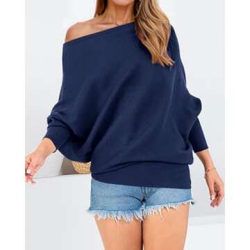 Zenlonr Women's Fall Sweaters 2025 Casual Long Batwing Sleeve Loose Off Shoulder Knit Pullovers Jumper Tops(Solid Navy,Medium)