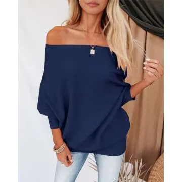 Zenlonr Women's Fall Sweaters 2025 Casual Long Batwing Sleeve Loose Off Shoulder Knit Pullovers Jumper Tops(Solid Navy,Medium)