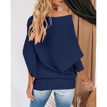 Zenlonr Women's Fall Sweaters 2025 Casual Long Batwing Sleeve Loose Off Shoulder Knit Pullovers Jumper Tops(Solid Navy,Medium)