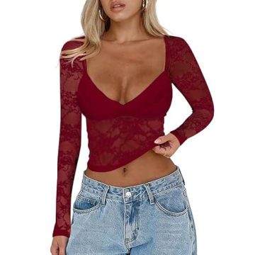 Trendy CSDAJIO Women's Lace Top - Sweetheart V Neck, Long Sleeve