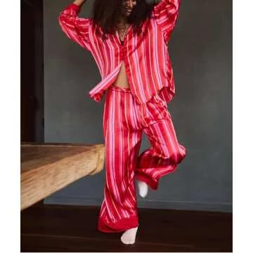SOOKABEILA Womens Y2K Silk Pajama Sets Floral Print Long Sleeve Button Down Shirts Wide Leg Pants 2 ...