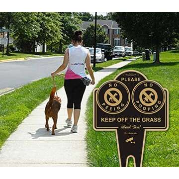 Amexiu No Pooping No Peeing Dog Sign, Keep off Grass Yard Sign Double Sided 15 x 9.5 X 0.08 Inches Rust Free Aluminum Sign, Easy Mounting Waterproof Durable Ink Black Gold Color, 1 Pack