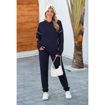 Pink Queen 2024 Winter Women 2 Piece Sweatsuits Long Sleeve Hooded Pullover Jogger Pants Casual Loose Lounge Sets Tracksuit Navy S