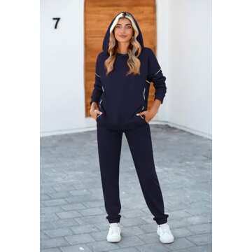 Pink Queen 2024 Winter Women 2 Piece Sweatsuits Long Sleeve Hooded Pullover Jogger Pants Casual Loose Lounge Sets Tracksuit Navy S