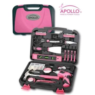 Apollo Tools 135 Piece Household Pink Hand Tools Set with Pivoting Dual-Angle 3.6 V Lithium-Ion Cord...