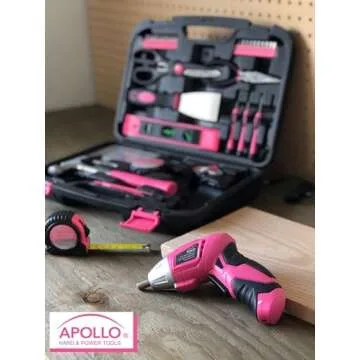 Apollo Tools 135 Piece Household Pink Hand Tools Set with Pivoting Dual-Angle 3.6 V Lithium-Ion Cordless Screwdriver - DT0773N1