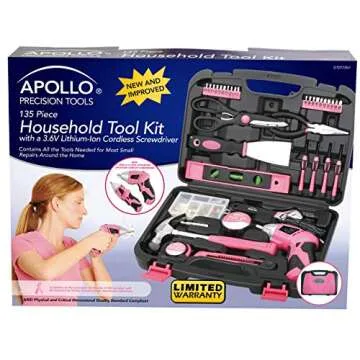 Apollo Tools 135 Piece Household Pink Hand Tools Set with Pivoting Dual-Angle 3.6 V Lithium-Ion Cordless Screwdriver - DT0773N1