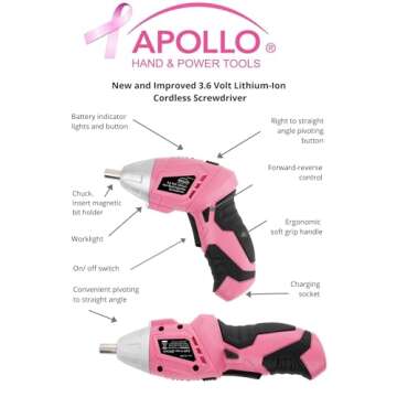 Apollo Tools 135 Piece Household Pink Hand Tools Set with Pivoting Dual-Angle 3.6 V Lithium-Ion Cordless Screwdriver - DT0773N1
