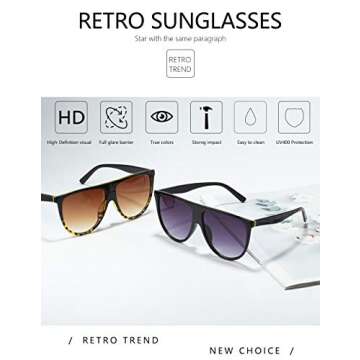 Dollger Oversized Sunglasses for Women Men Flat Top Designer Fashion Retro Sunglasses Frame Shades Gradient Black+Leopard