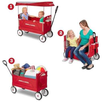 Radio Flyer 3 in 1 EZ Fold Stroller Wagon with Canopy and Adjustable Handle, Red
