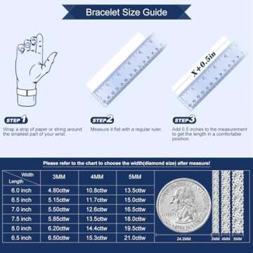 TUHE Moissanite Tennis Bracelet 4.8-21 Carats Lab Created Diamond Bracelets 18k White/Yellow Gold Plated 925 Sterling Silver Bracelet 3mm/4mm/5mm D Color VVS1 Round Cut Moissanite Bracelet for Women