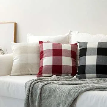 MIULEE Pack of 2 Classic Farmhouse Buffalo Check Plaids Polyester Linen Soft Solid White and Red Decorative Throw Pillow Covers Home Decor Cushion Case for Sofa Bedroom 26 x 26 Inch