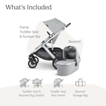 UPPAbaby Vista V2 Stroller/Convertible Single-to-Double System/Bassinet, Toddler Seat, Bug Shield, Rain Shield, and Storage Bag Included/Stella (Grey Mélange/Silver Frame/Chestnut Leather)