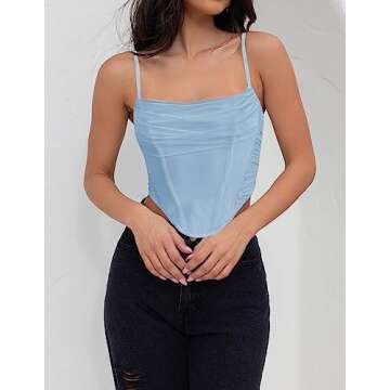 ZESICA Women's Summer Corset Tops Sexy Spaghetti Straps Mesh Bustier Top Cute Camisole Tank Tops Blue