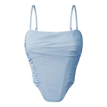 ZESICA Women's Summer Corset Tops Sexy Spaghetti Straps Mesh Bustier Top Cute Camisole Tank Tops Blue