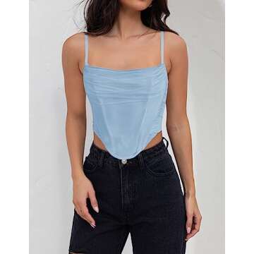 ZESICA Women's Summer Corset Tops Sexy Spaghetti Straps Mesh Bustier Top Cute Camisole Tank Tops Blue