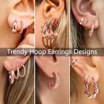 Adoyi Rose Gold Hoop Earrings Set for Women Girls Trendy 14K Plated Gold Hoops Small Chunky Earrings Twisted Huggie Ear rings Pack Lightweight 9 Pairs Jewelry Set for Mother's Day Birthday Gifts