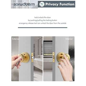 SORWDUERM Gold Door Knobs Privacy Door Knob Satin Brass Door Knob Interior Brushed Gold Door Knobs for Bedroom and Bathroom,Zinc Alloy 2 Pack