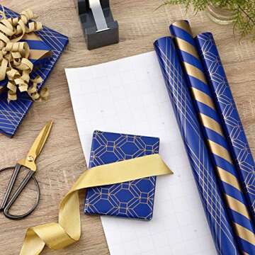 Hallmark Navy Blue and Gold Wrapping Paper Rolls for Graduation, Birthday, Wedding, Father's Day, Al...