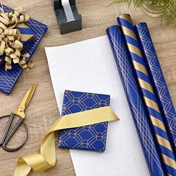 Hallmark Navy Blue and Gold Wrapping Paper Rolls for Graduation, Birthday, Wedding, Father's Day, Al...