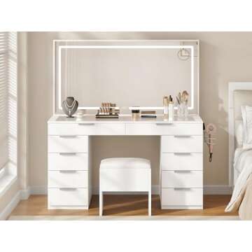 YITAHOME Makeup Vanity with Light Strip & Extra-Large Mirror, 10-Drawer Vanity Table Set with Power ...