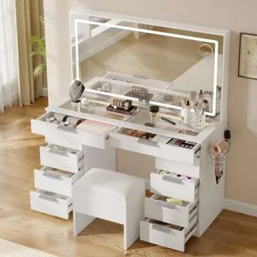 YITAHOME Makeup Vanity with Light Strip & Extra-Large Mirror, 10-Drawer Vanity Table Set with Power Hub & Hair Dryer Rack, Glass Top Vanity with 3 Color Modes Adjustment, Storage Bench for Bedroom