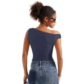 SUUKSESS Women Off Shoulder Tops Sleeveless Shirts Y2K Trendy Going Out Crop Tank Top (Navy Blue,XS)