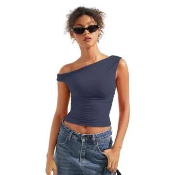 SUUKSESS Women Off Shoulder Tops Sleeveless Shirts Y2K Trendy Going Out Crop Tank Top (Navy Blue,XS)