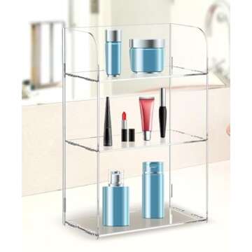 Jusalpha 3 Tier Clear Acrylic Bathroom Organizer Shelf for Cosmetic Perfume Makeup Toy Spices Standing Tabletop Vanity Tray Shelf Multifunctional Sturdy Display Showcase (8''x 4''x 12'')…