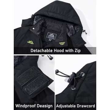 MAGCOMSEN Mens Snowboarding Jackets Waterproof Fleece Lining Warm Winter Coats Hooded Snow Hiking Camping Skiing Pure Black, XL